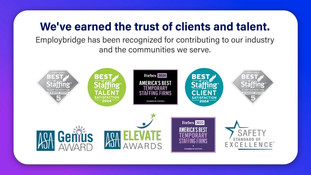 Graphic displaying the awards Employbridge has received: Best of Staffing Talent Satisfaction Award 2019-2024, Best of Staffing Client Satisfaction 2019-2024, Forbes 2023 and 2024 America's Best Temporary Staffing Firms, ASA Genius Award, ASA Elevate Award, and Safety Standard of Excellence